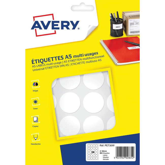 Avery - PET30W runde Markierungsetiketten, Durchmesser 30 mm, Blister mit 384 Stück, weiß