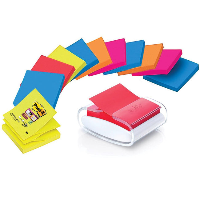 Post-it Super Sticky – Notizblockspender für Z-Note 76 x 76 mm transparent + 12 Block Z-Notes