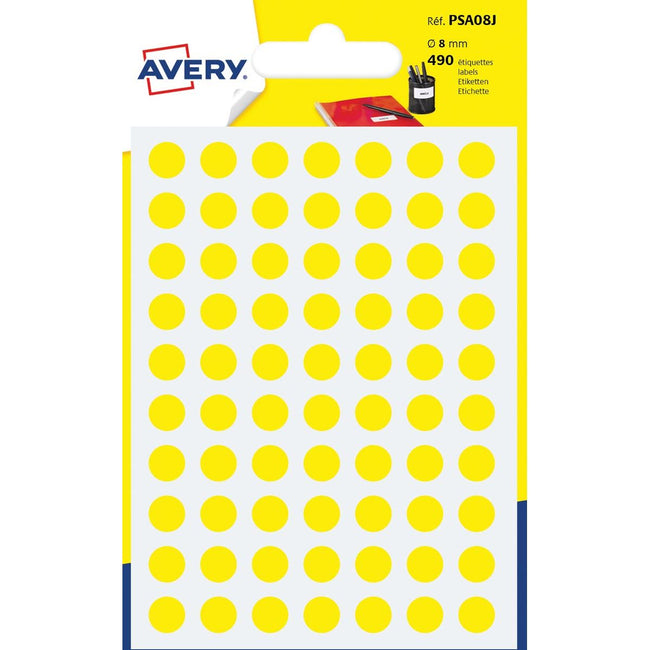 Avery - PSA08J runde Markierungsetiketten, Durchmesser 8 mm, Blister mit 490 Stück, gelb