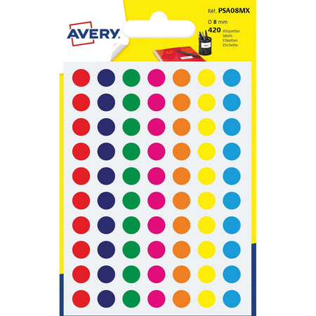 Avery - PSA08MX runde Markierungsetiketten, Durchmesser 8 mm, Blister mit 420 Stück, verschiedene Farben