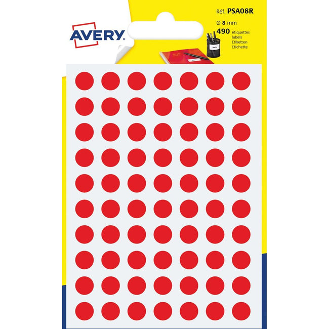 Avery - PSA08R Runde Markierungsetiketten, Durchmesser 8 mm, Blasen von 490 Teilen, rot