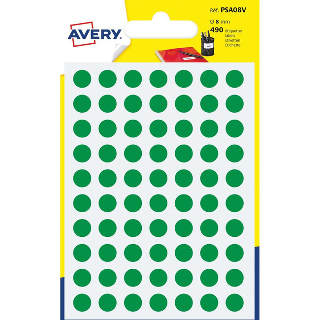 Avery - PSA08V Runde Markieretiketten, Durchmesser 8 mm, Blasen von 490 Teilen, grün