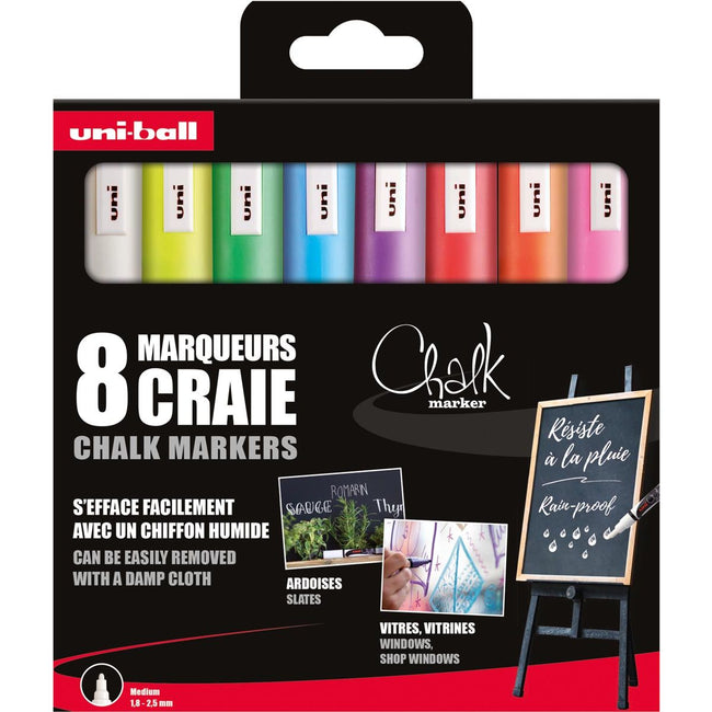 Uni-Ball - Kreidemarker, Rundspitze 1,8 2,5 mm, Karton mit 8 Stück, sortiert