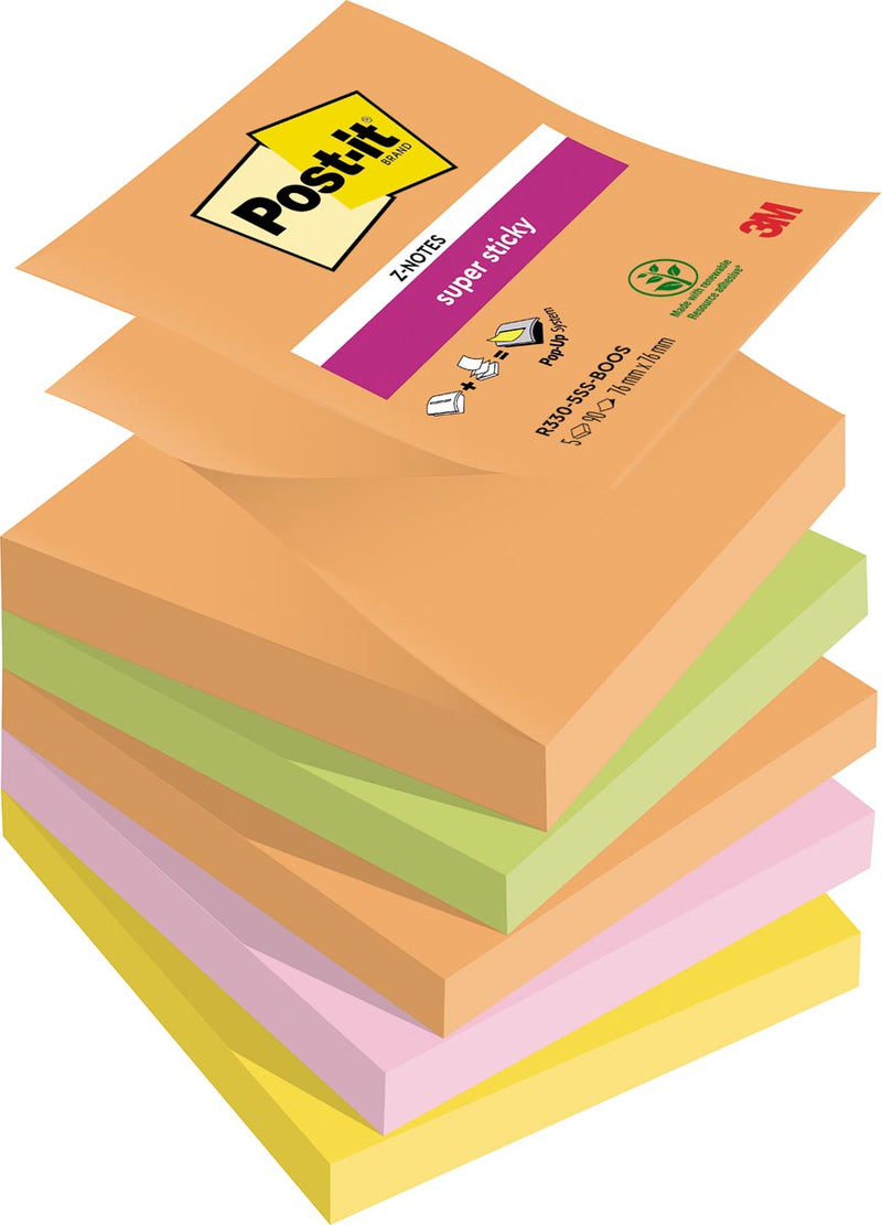 Post-it – Super Sticky Z-Notes Boost, 90 Blatt, 76 x 76 mm, verschiedene Farben, Packung mit 5 Blöcken