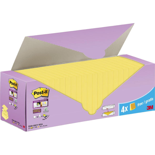 Post-it Super Sticky – Super Sticky Z-Notizen, 90 Blatt, 76 x 76 mm, Box mit 20 Stück + 4 gratis, gelb