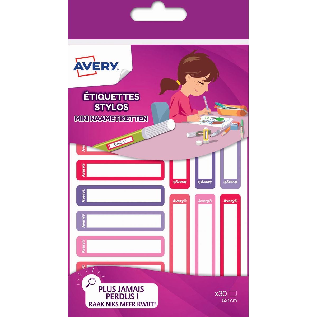 Avery - Family Mini Name Labels, ft 5 x 1 cm, rosa/lila, hangable Gehäuse mit 30 Etiketten