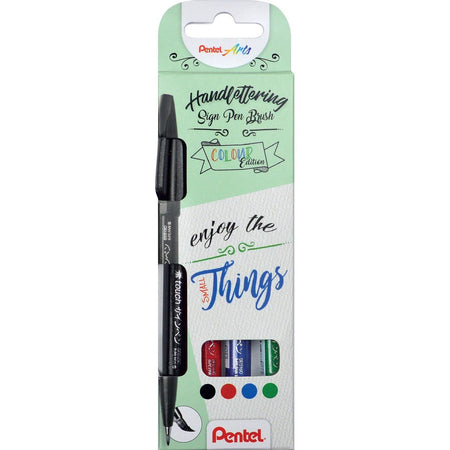 Pentel - Brushpen Sign Pen Brush Touch, Kartonetui mit 4 Teilen: Schwarz, Blau, Rot und Grün
