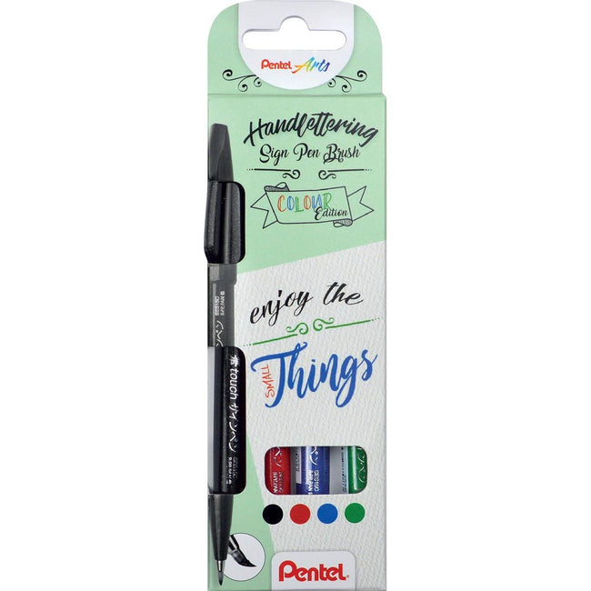 Pentel - Brushpen Sign Pen Brush Touch, Kartonetui mit 4 Teilen: Schwarz, Blau, Rot und Grün