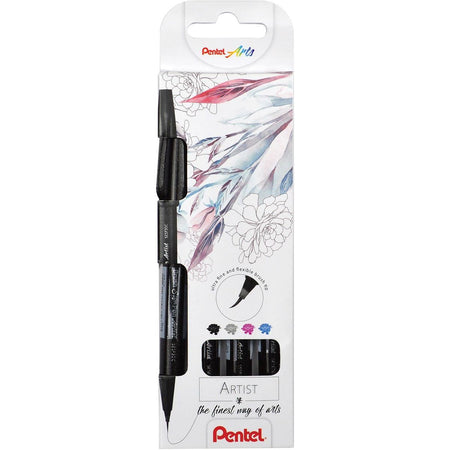 Pentel - Brushpen Artist, Kartonetui mit 4 Teilen: Schwarz, Grau, Türkis und Pink