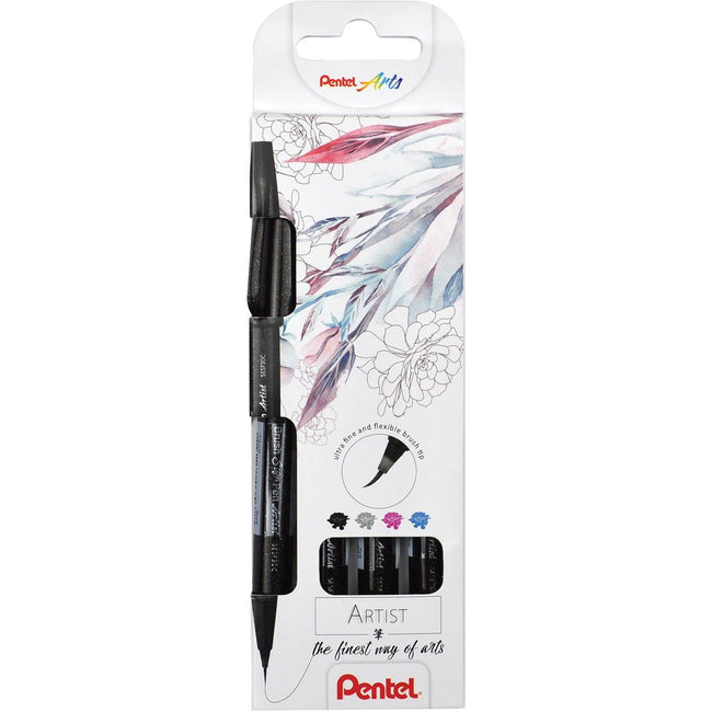 Pentel - Brushpen Artist, Kartonetui mit 4 Teilen: Schwarz, Grau, Türkis und Pink