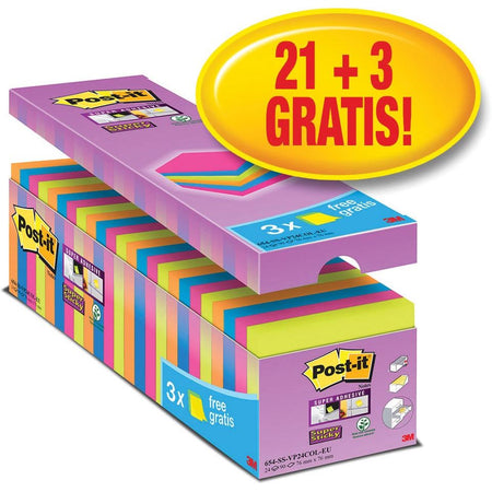 Post-it – Super-Haftnotizen, 90 Blatt, 76 x 76 mm, verschiedene Farben, Packung mit 21 Blöcken + 3 gratis
