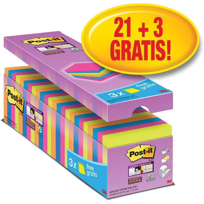Post-it – Super-Haftnotizen, 90 Blatt, 76 x 76 mm, verschiedene Farben, Packung mit 21 Blöcken + 3 gratis