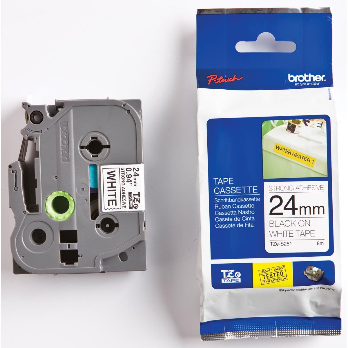 Brother - TZe e für P-Touch 24 mm, Schwarz auf Weiß, extra Kleber