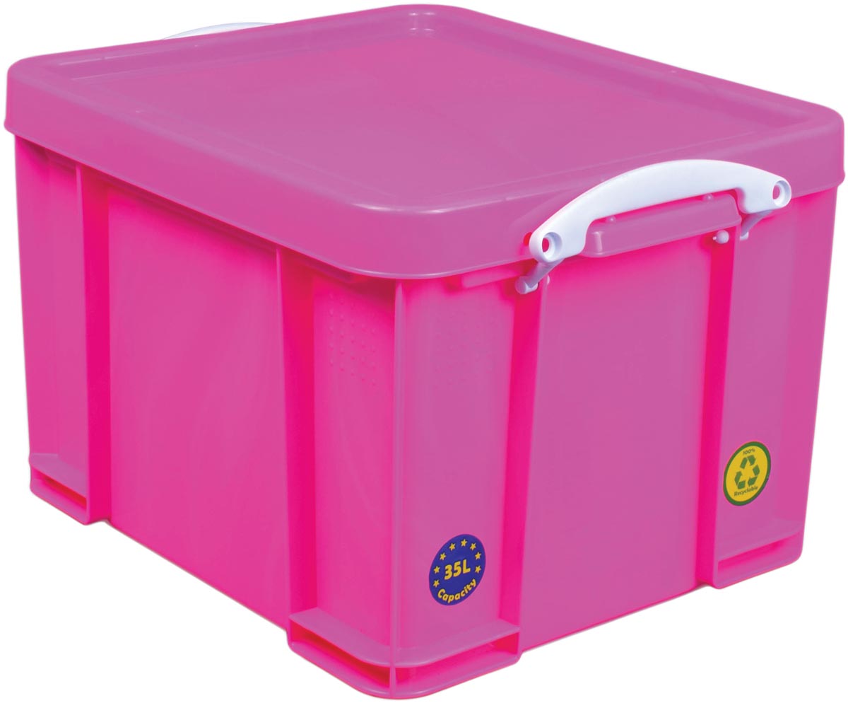 Really Useful Box – Box Aufbewahrungsbox 35 Liter, neonpink mit weißen Griffen