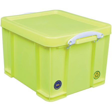 Really Useful Box – Box Aufbewahrungsbox 35 Liter, neongelb mit weißen Griffen