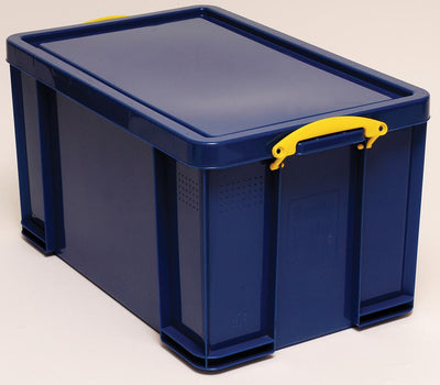 Really Useful Box – Box Aufbewahrungsbox 84 Liter, dunkelblau mit gelben Griffen