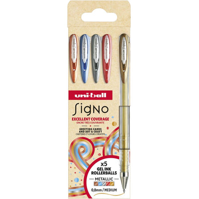 Uni-Ball - Tintenroller Signo Metallic, mittlere Spitze, verschiedene Farben, Karton mit 5 Stück