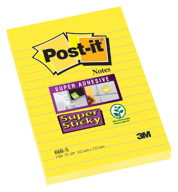 Memo-Block 3M Post-It 660 Super Sticky 102x152 Gelb mit Linie | 6 Stück