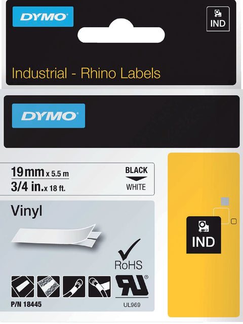 Labeltape Dymo Rhino 18445 Vinyl 19mmx5,5 m schwarz auf Weiß