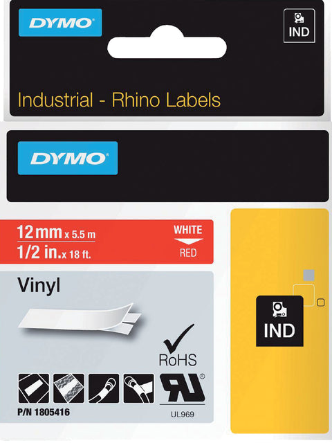 Etikett Tape Dymo Rhino 18054 Vinyl 12mmx5,5 m weiß auf rot