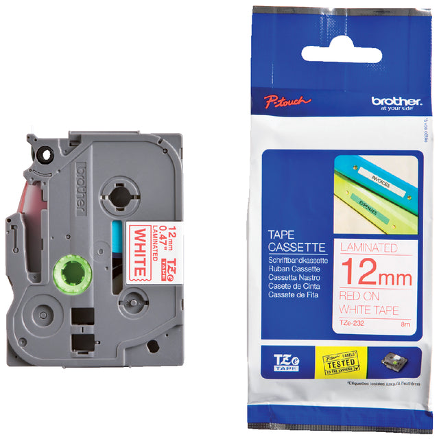 Labeltape Bruder P-Touch Tze-232 12mm rot auf Weiß | 25 Stücke