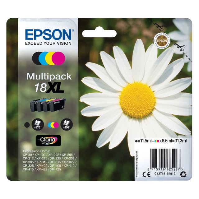 Epson - Ink Patrone 18xl, 450 Seiten, OEM C13T18164012, 4 Farben