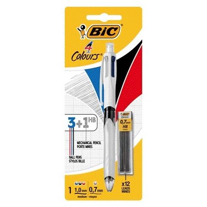 Bic – Kugelschreiber 3 Farben mit Druckbleistift HB 0,7 mm mittelweiß Blister à 1 Stück