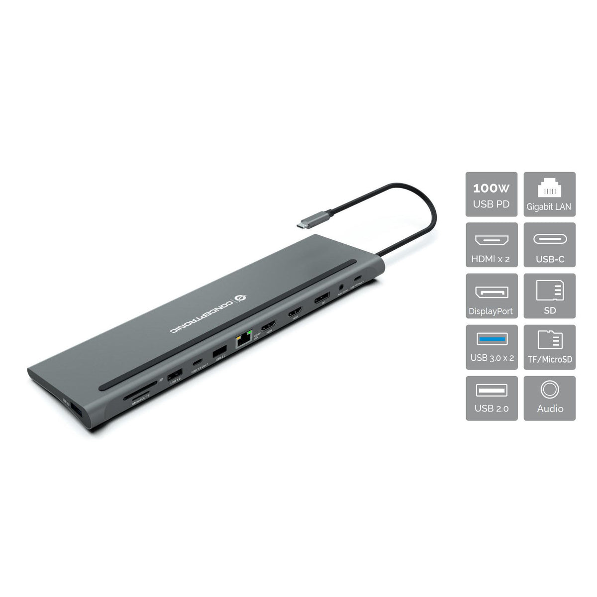 CONCEPTRONIC -   DONN17G laptop dock poortreplicator Bedraad USB 3.2 Gen 1 (3.1 Gen 1) Type-C Grijs