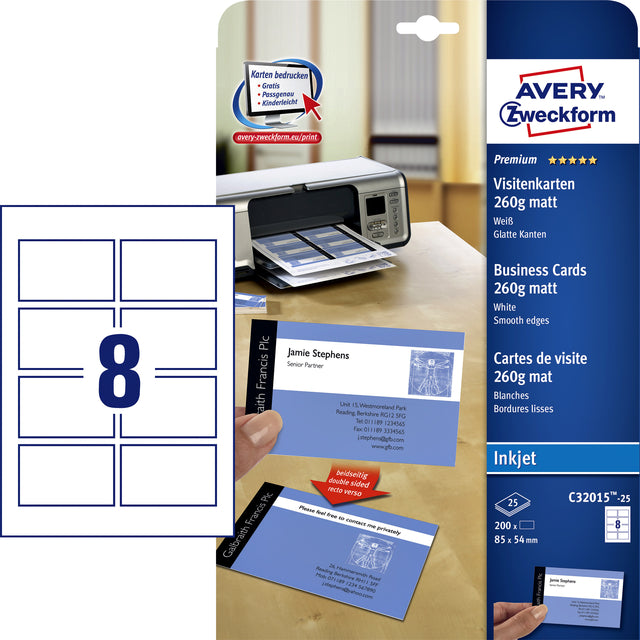 Avery - Avery -Visitenkarten für Inkjet Quick Clean Matte, 200 Tickets, 260 g/m²