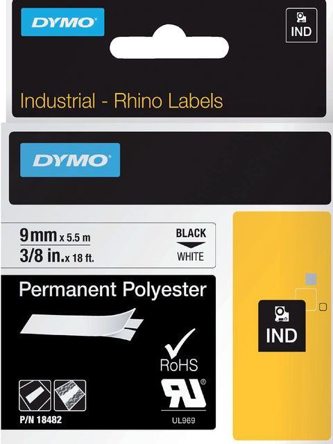 Dymo - Labele Rhino 18482 Polyester 9mmx5,5 m schwarz auf Weiß