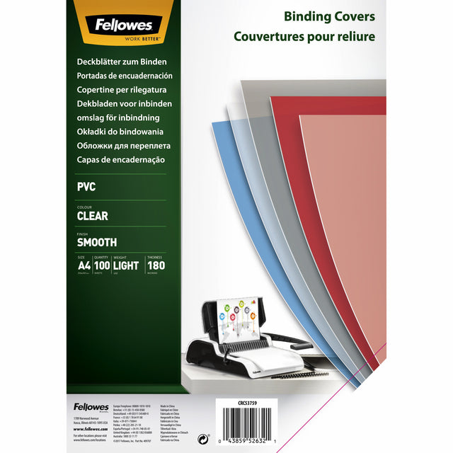 Fellowes - Cover, ft A4, PVC, 180 Mikron, Packung von 100 Teilen, transparent