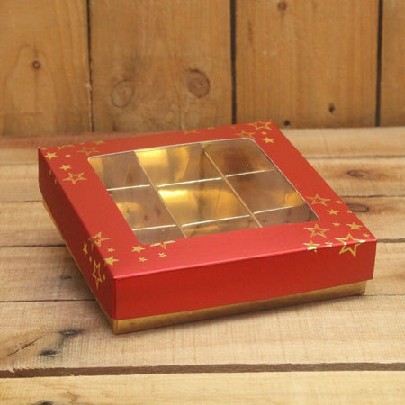 Bonbon doosjes - Chocolade doosje - Rood mat sterren kubus transparante banderol Kerst - 24 stuks